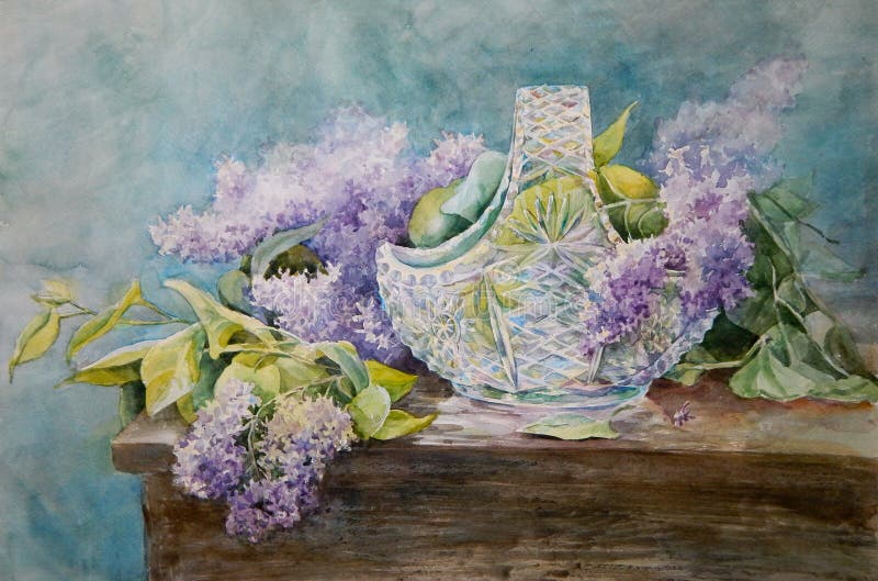 图片水晶在一个歌曲丁香的丁香花分支花瓶图片