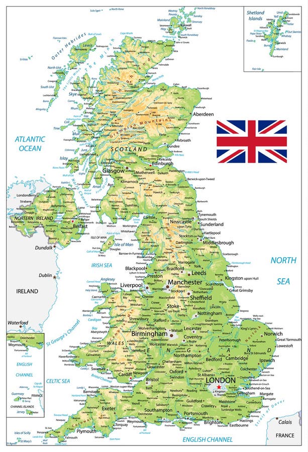 与城市名字的英国物理地图在白色图片