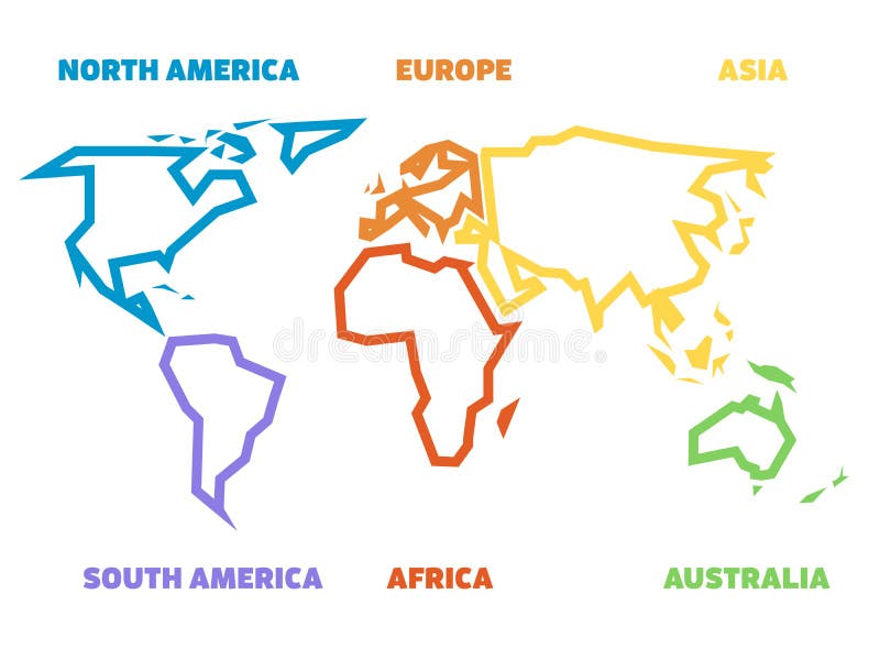 世界地图被简化的厚实的概述被划分对六个 在白色