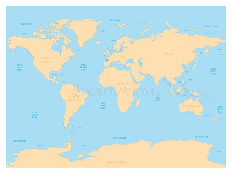 世界水文学地图与海洋,海,海湾,海湾和海峡标签的 导航与黄色土地和图片