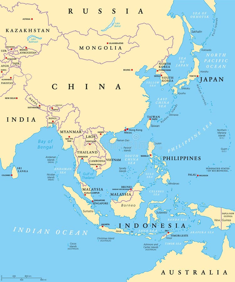 与资本和国界的东亚政治地图 亚洲大陆的东部区域 中国,蒙古,印度尼图片