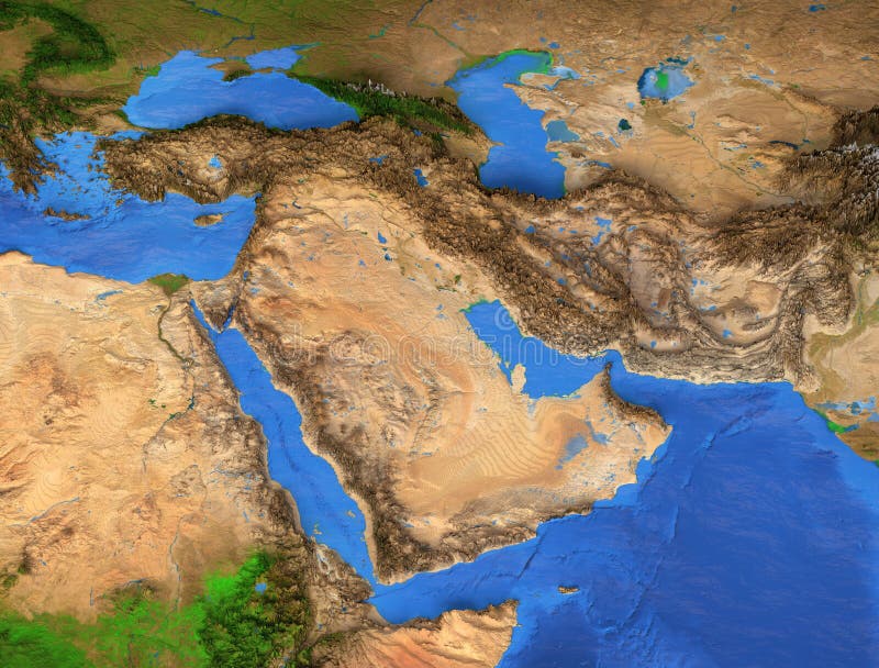 中东地图-海湾地区 地球和它的地形的详细的看法 航空航天局
