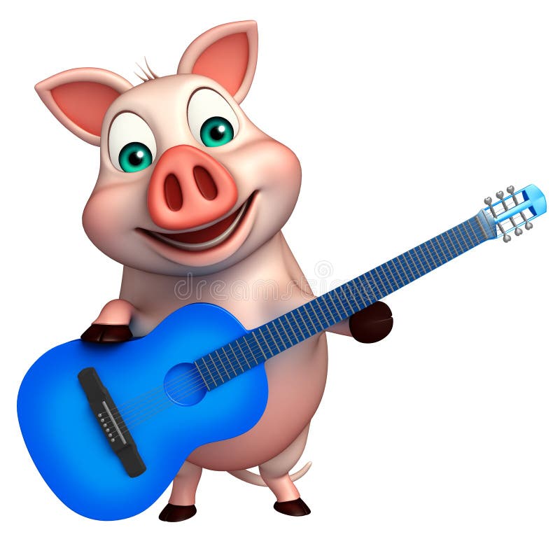 乐趣猪与吉他的漫画人物. 滑稽, 音乐家.