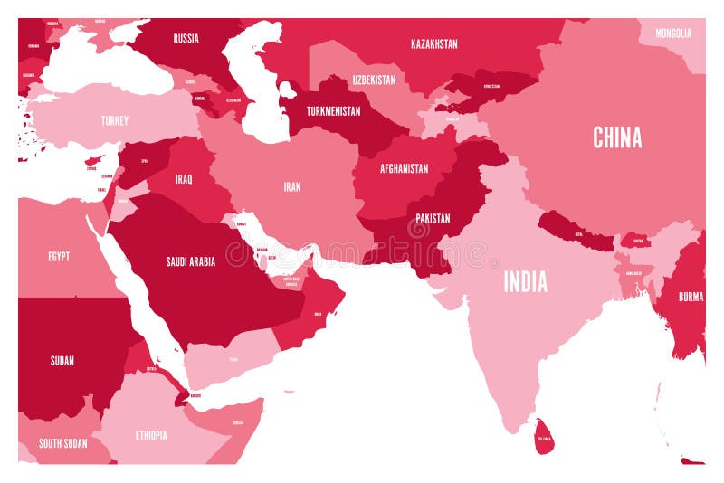 南亚和中东国家政治地图 简单的平的传染媒介地图在褐