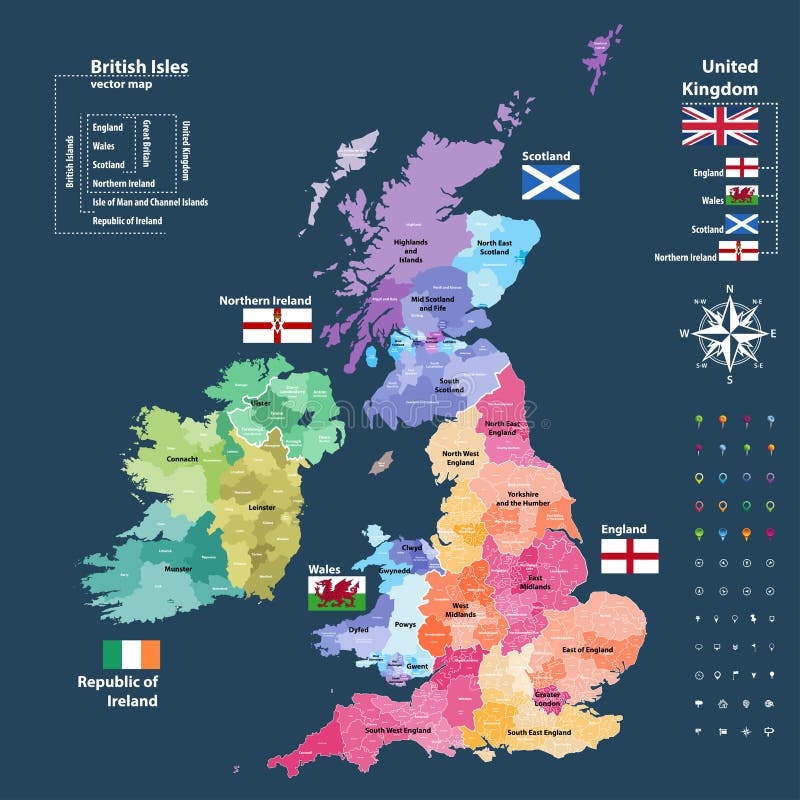 国家和地区上色的英伦三岛管理部门地图 区和县英国,北爱尔兰,威尔士图片