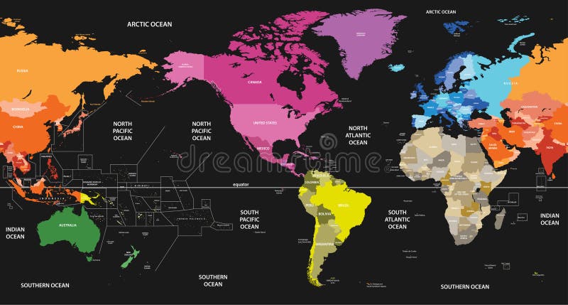 导航美国上色被黑背景的大陆和集中的世界政治地图 向量例证图片