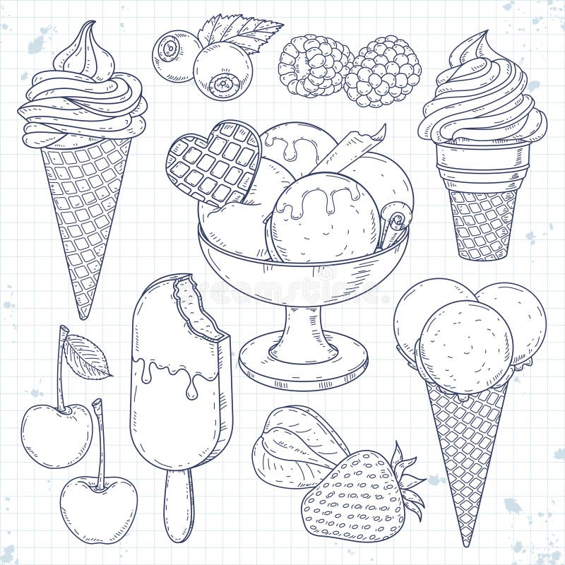 巧克力奶油色果子冰集 手拉的例证,冰淇凌在奶蛋烘饼杯子和不同的莓果图片