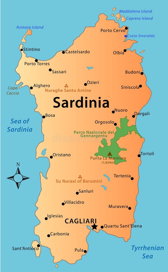 撒丁岛,意大利的地图的例证.图片