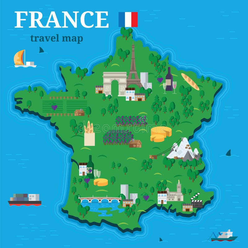 旅客的法国地图有地方旅游胜地传染媒介设计平的样式的.