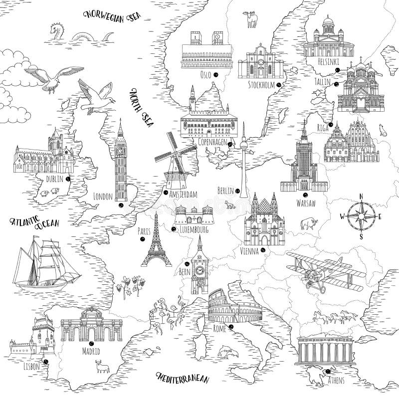 欧洲手拉的地图 向量例证. 插画 包括有 拱道, 小船图片