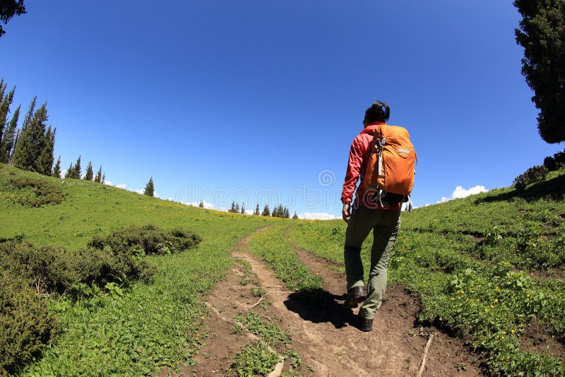 步行在美丽的山峰足迹的妇女背包徒步旅行者