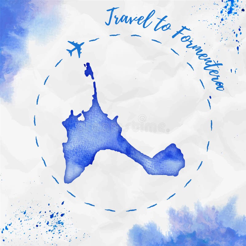 福门特拉岛水彩在蓝色颜色的海岛地图 对福门特拉岛海报的旅行与飞机图片