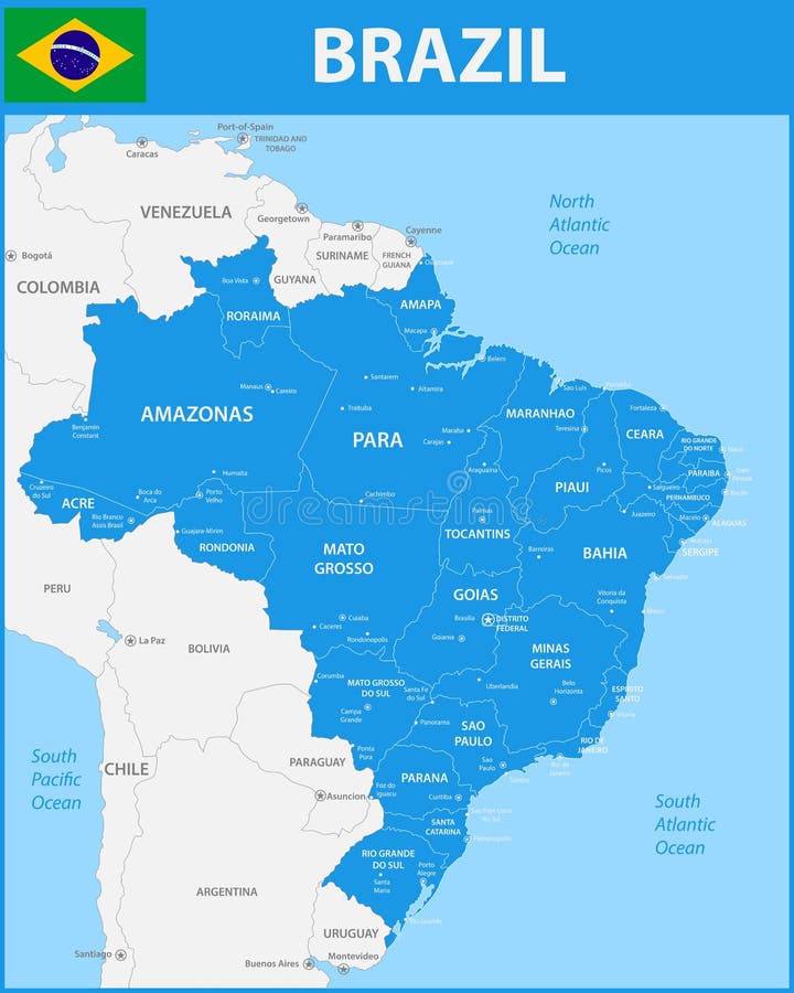 巴西的详细的地图有地区的或州和城市,资本图片