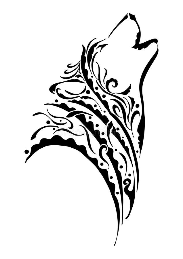 黑与风元素或空气元素构思设计的剪影狼顶头嗥叫部族纹身花刺 向量
