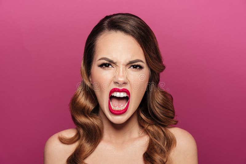 Angry Crazy Lady Screaming Isolated Over Pink Stock Image Image Of