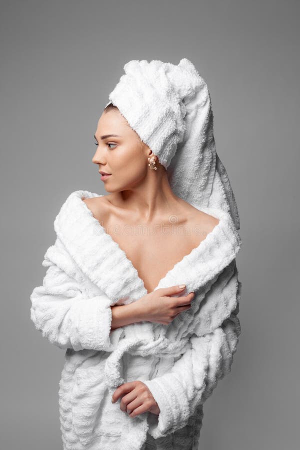 Attractive Girl Wearing White Towel On Head And White Bath Robe Smiling Stock Photo Image Of