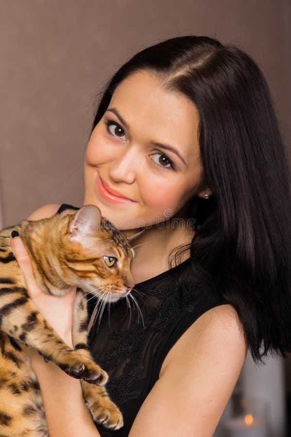 Beautiful Brunette With A Cat Stock Photo Image Of Lips Furry