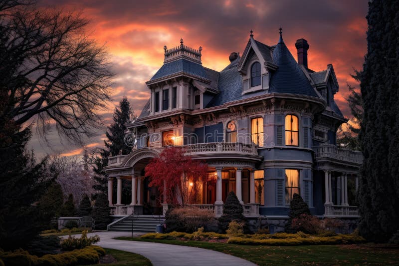 Beautiful Classic American House In The Evening With A Beautiful Sky