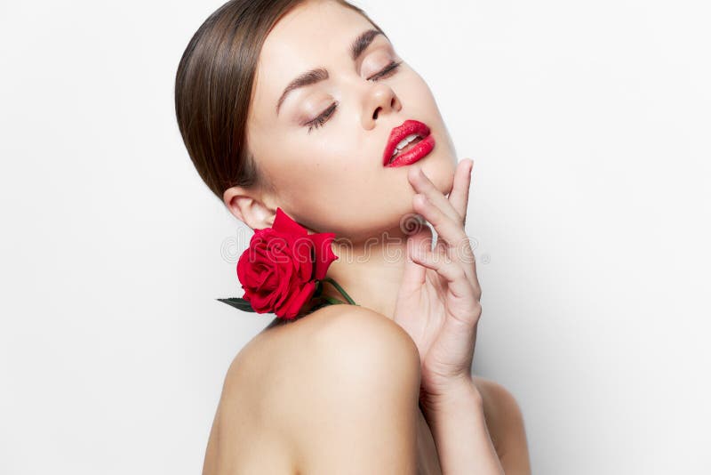 Beautiful Woman Naked Shoulders Closed Eyes Rose Flower Luxury Stock