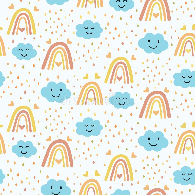 Vector Seamless Pattern With Boho Rainbow Smiling Blue Clouds And