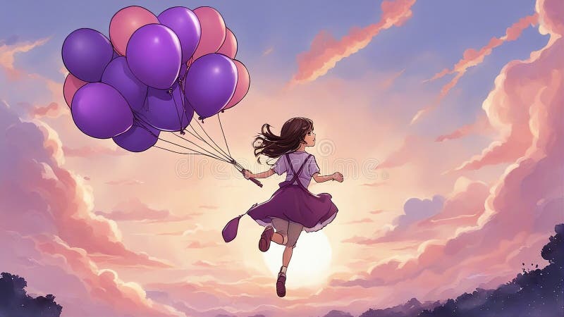 Cartoon Girl Flying In The Sky Anime A Girl Holding A Purple Umbrella