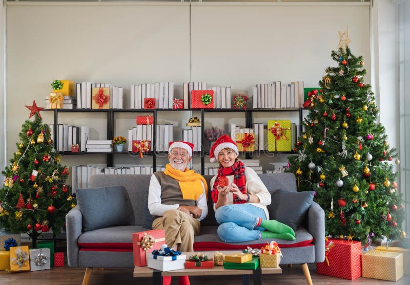 Casal Caucasiano Feliz Usando Chapéu De Santa Sentado No Sofá Segurando