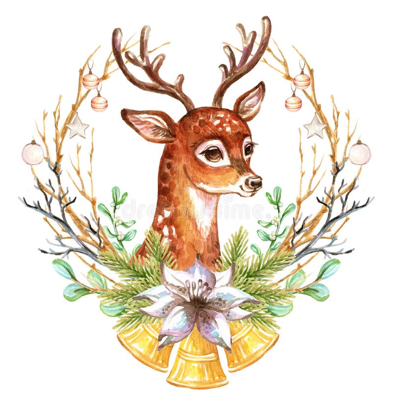 Christmas Wreath With Deer And Bird Watercolor Illustration Stock