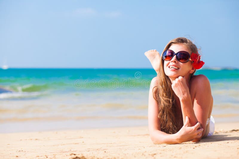 Happy Long Haired Woman In White Bikini Posing On Beach Stock Photo