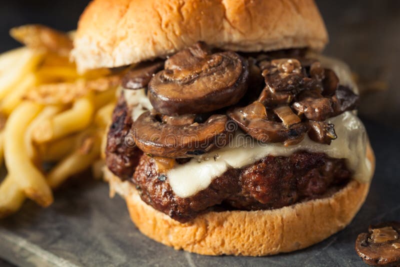 Homemade Grassfed Mushroom And Swiss Cheese Hamburger Stock Photo