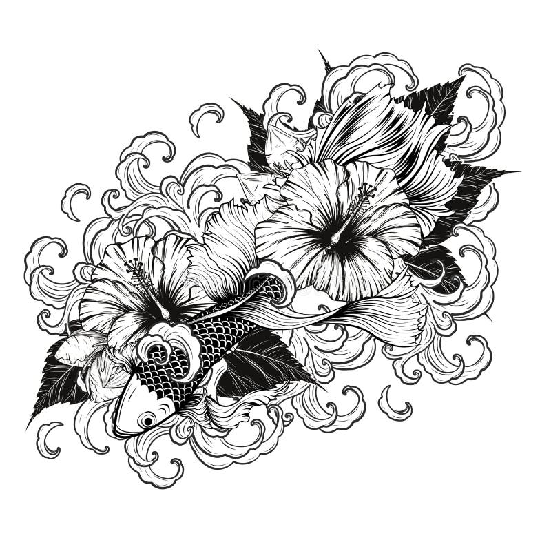 koi鱼和用手画图画的纹身花刺.木槿,大丽花.园艺vi设计师图片