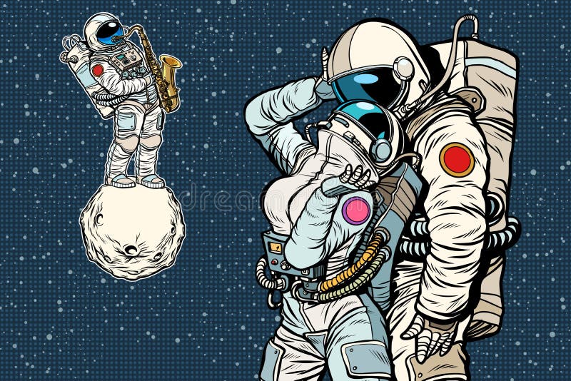 Astronautas Del Hombre Y De La Mujer Del Espacio Del Beso Ilustración