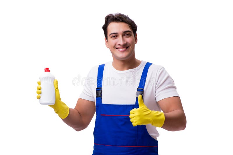 Man With Cleaning Agents Isolated On White Background Stock Photo