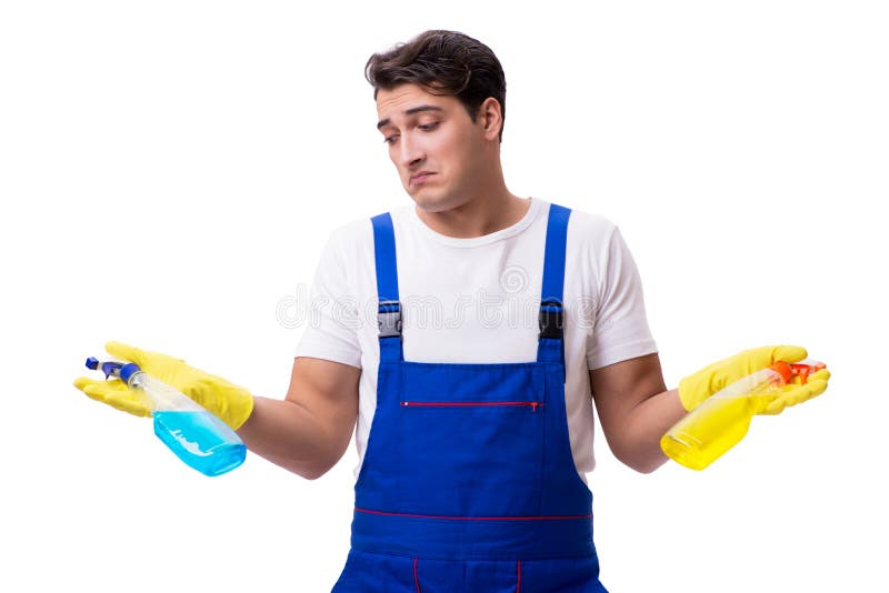 The Man With Cleaning Agents Isolated On White Background Stock Photo