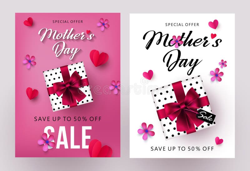 Mothers Day Sale Banners And Flyers Design Set With Beautiful Gift Box
