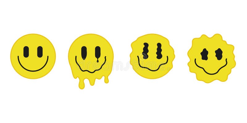 Psychedelic Yellow Drip Melt Smiley Set Trippy Liquid Face With Smile