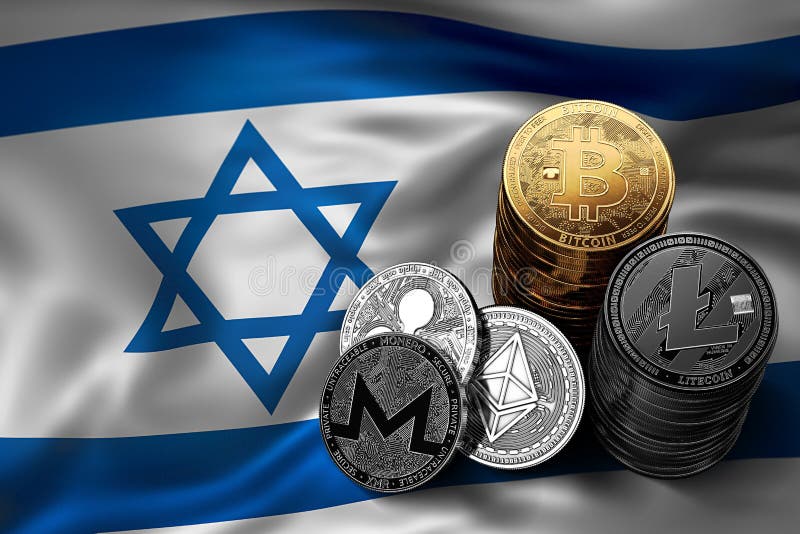 堆在以色列旗子的bitcoin硬币 bitcoin和其他cryptocurrencies的情况
