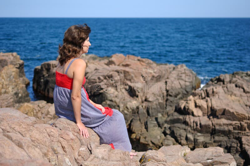 Woman Sitting On Rock Near Sea Stock Image Image Of View Sitting