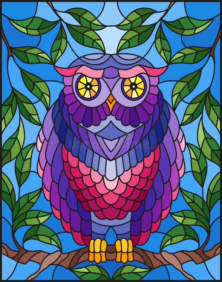 与美妙的五颜六色的猫头鹰的彩色玻璃例证坐树枝