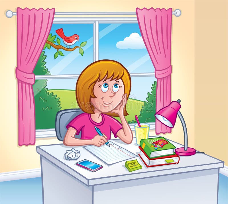 做家庭作业的女孩在她的屋子里.