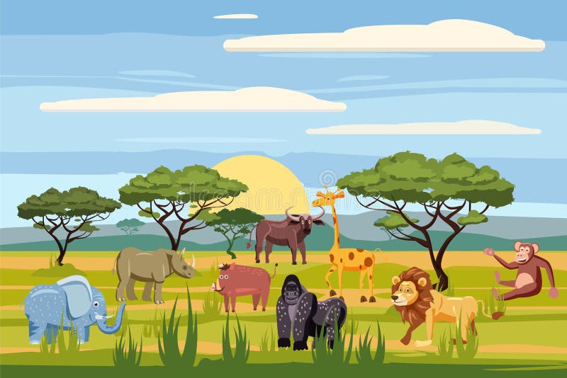 套动画片非洲动物,背景使大草原环境美化 徒步旅行队动物,河马,犀牛