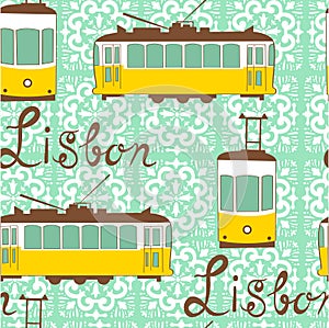 Colorful seamless pattern with tipical Lisbon tram (vector, raster,  illustration, transportation)