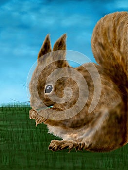 A cute and fun illustration digital painting of a very innocent squirrel