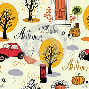 Dogs, vintage cars, pumpkins and autumn trees. Seamless backgrou