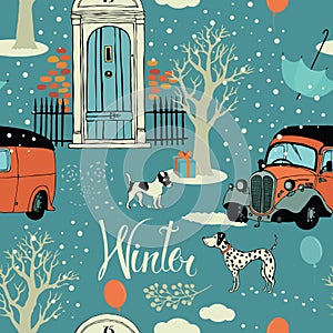 Dogs, vintage cars, snow and winter trees. Seamles