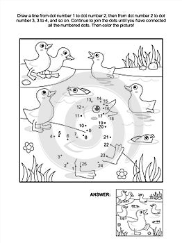 Dot-to-dot and coloring page - ducklings at the pond