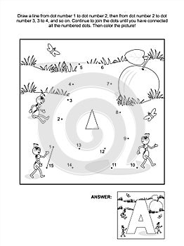 Dot-to-dot and coloring page - letter A, apple and ants