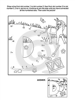 Dot-to-dot and coloring page - letter D, donkey and drum