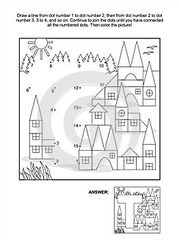 Dot-to-dot and coloring page - letter T, toy town