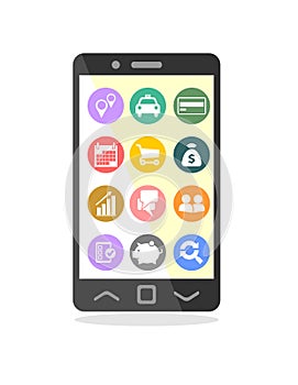 Mobile phone with business icons on screen