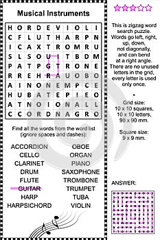 Musical instruments themed wordsearch puzzle